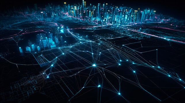 3d rendering of abstract technology digital hologram with city on dark background. Generated AI