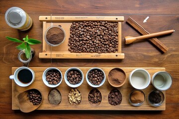 Knolling Photography of a Comprehensive Coffee Experience: Aromatic Display Created by Generative AI