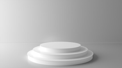 Realistic white 3D cylinder podium and white background. Abstract minimal scene for products stage showcase, promotion display. 3d rendering.