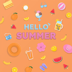 Hello summer banner with cute summer elements