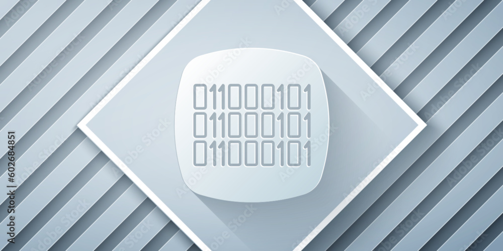 Poster paper cut binary code icon isolated on grey background. paper art style. vector