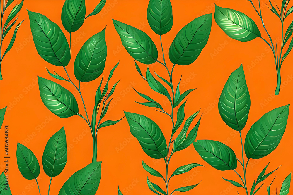 Poster summer textures or pattern with leaves with an orange background