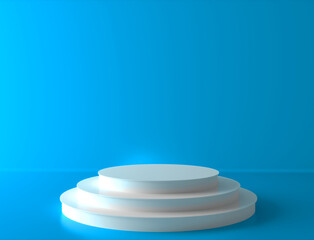 Realistic white 3D cylinder podium and blue background. Abstract minimal scene for products stage showcase, promotion display. 3d rendering.