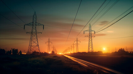 Fototapeta na wymiar Electricity Superhighway: High-Voltage Transmission Lines in Action. Generative AI.