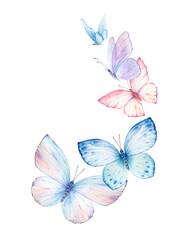 Fototapeta na wymiar Butterflies Watercolor wreath isolated on white background. Excellent for wedding design, stationery, invitations, postcards.