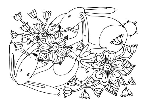Coloring page with Cute Rabbit and flowers. Bunny pets. Easter. Coloring book for kids. Hand drawn linear vector illustration