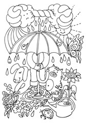 Funny coloring page with a child, dog, cat under an umbrella. Raining. Nature. Coloring worksheet for kids. Hand drawn vector illustration