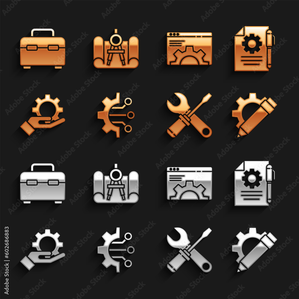 Poster set algorithm, document settings and pen, pencil gear, screwdriver wrench spanner, settings the hand
