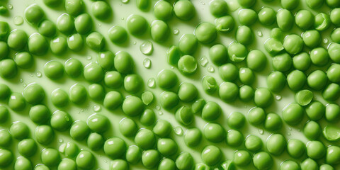 Plakat Young green peas, close-up shot. Beautiful nature wallpaper with ripe green peas in water drops, top view. Creative banner for a fresh vegetable store. Generative AI professional photo imitation.