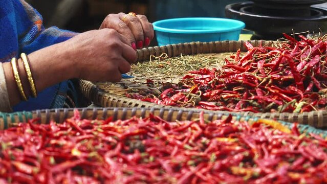 red chili pepper crops close up. Chilies at a market in India. Farmers Markets in India. Authentic real scene at local vegetable market in Asia. 