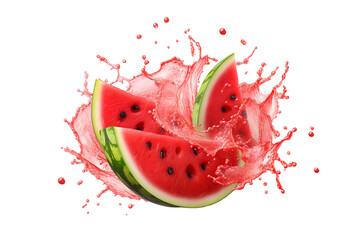 watermelon with watermelon juice splash isolated on transparent background - obrazy, fototapety, plakaty