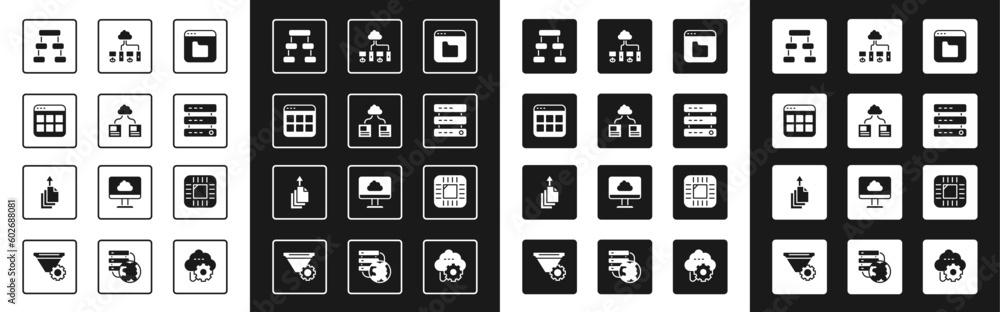 Poster set browser files, cloud technology data transfer, hierarchy organogram chart, server, data, web hos