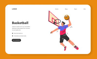 Basketball game web banner or landing page. Team players during the game