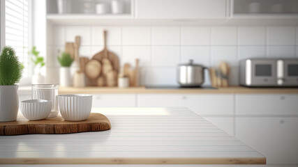 Fototapeta na wymiar White wooden texture table top on blurred kitchen window background. Interior furniture. For showcase or montage your items (or foods). Product display mock up. Generative AI