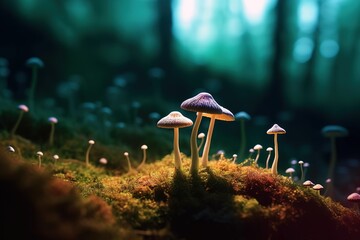 Mushrooms growing on moss in dreamy forest, blurred background, beautiful art of generative ai