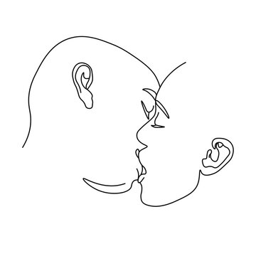 recommend clip art: The silhouette of kissing couple faces drawn in one continuous line. Vector illustration