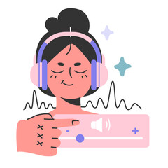 Young character wearing headphones, listening to music. Woman