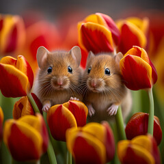 Adorable images of a little mouse popping out of a tulip bud, and looks almost mischievously into the camera