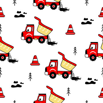 Pattern cartoon of construction vehicles.Construction Truck ,Diggers and Dumpers pattern.Construction Site Manufactured