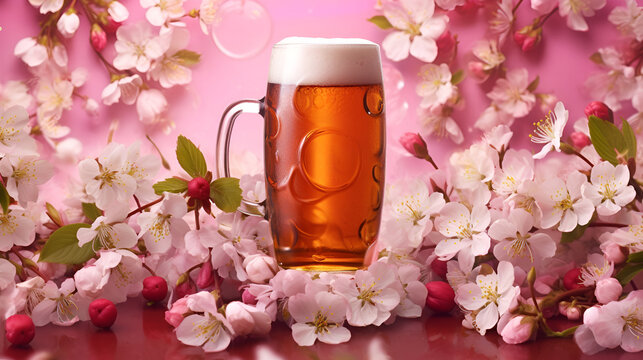 Mug of craft cherry beer or on a light pink background with cherry blossom branches, promotional illustration. Red cherry ale or belgian kriek, commercial banner. Generative AI