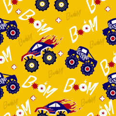 Monster truck  cartoon pattern design .monster truck pattern for kids clothing, printing, fabric ,cover.Monster car seamless pattern.Monster truck on yellow background.