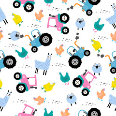 Farm pattern design.Cute tractor  and cute animals on white background. pattern.tractor pattern design for kids clothing ,card, fabric.Countryside