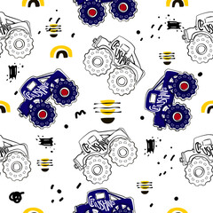 Monster truck  cartoon pattern design .monster truck pattern for kids clothing, printing, fabric ,cover.Monster car seamless pattern.Monster truck on yellow background.
