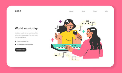 Singer web banner or landing page. Young female character singing