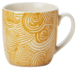 Mug made of stoneware, glaze ceramic. Yellow patterned coffee and tea cup. generative ai