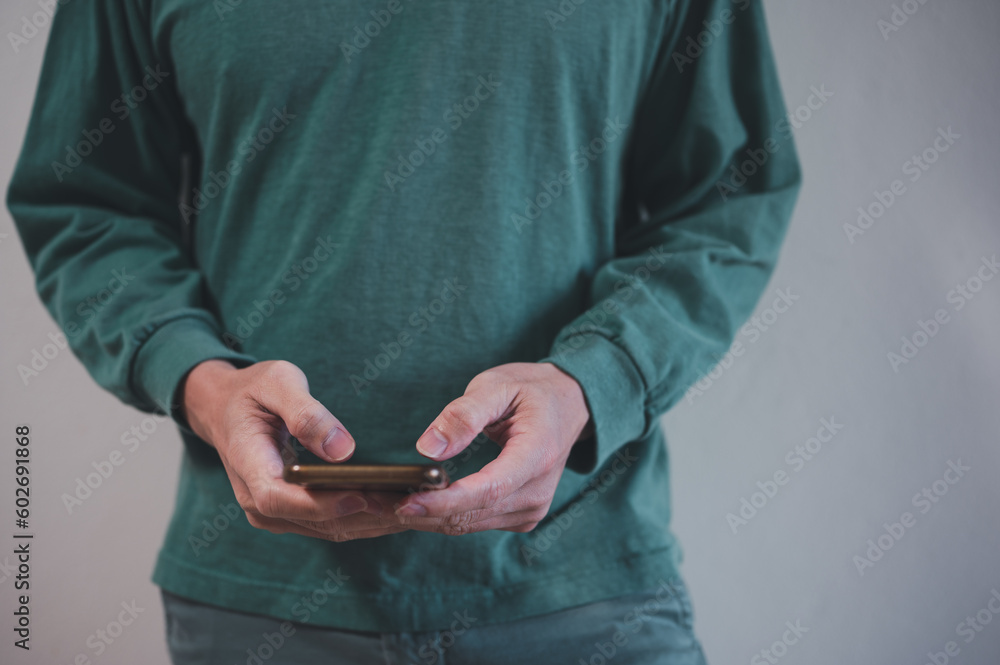 Poster social media internet network connection concept, man hand holding texting message on screen mobile 