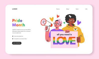 Cheerful characters with rainbow flags celebrate pride month web banner