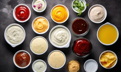  a variety of sauces are arranged in small white bowls.  generative ai