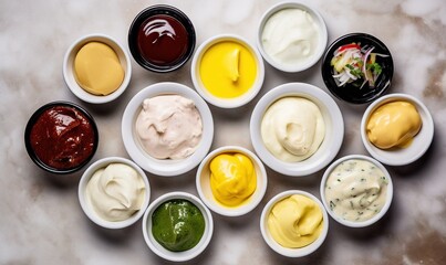  a variety of sauces in small bowls on a table.  generative ai