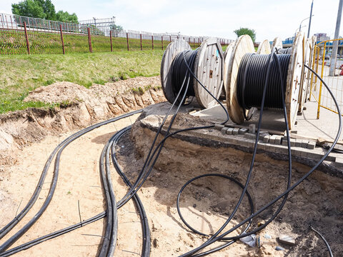 Close-up of electric cables on the ground in a construction site