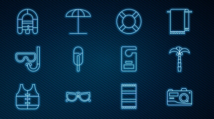 Set line Photo camera, Tropical palm tree, Lifebuoy, Ice cream, Diving mask and snorkel, Rafting boat, Please do not disturb and Sun protective umbrella for beach icon. Vector