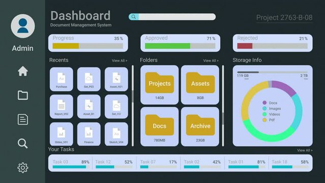 front view of the dashboard of a document management system software, charts and statistics on documents, corporate business, digital documents storage and organizations, paperless office, cloud