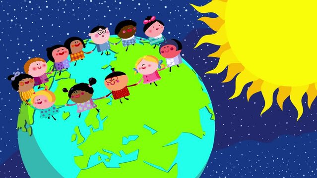 Children different nations dancing on earth in sunshine wipe transition. They are holding their hands. Happy cartoon animation background, with many characters. Space and pulsing stars. 