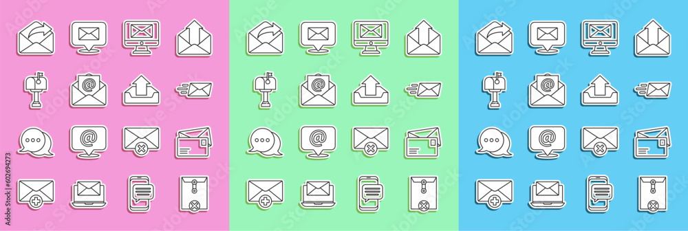 Poster set line delete envelope, envelope, express, monitor and, mail e-mail, box, outgoing and upload inbo