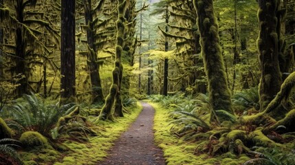A Trail Through A Mossy Forest With Towering Trees. Generative AI