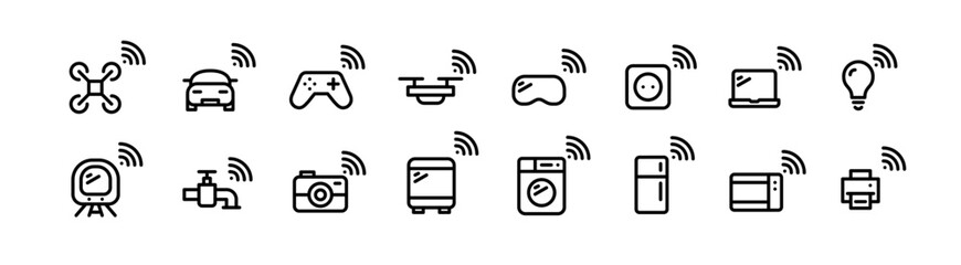 Internet of things. Simple icons of electronic devices. Home appliances, vehicles and computers. Pixel perfect, editable stroke line icons
