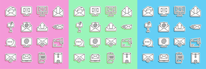 Set line Delete envelope, Envelope, Express, Monitor and, Mail e-mail, box, Outgoing and Upload inbox icon. Vector