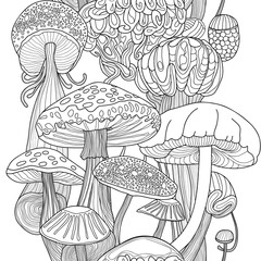 Seamless pattern with mushrooms. Hand drawn black and white vector illustration.