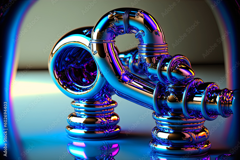 Poster Abstract chrome pipes composition. Industry themed background with shiny metallic connected pipes. Generated AI. Generative AI