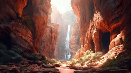 A Trail Through A Canyon With A Natural Arch Formation. Generative AI