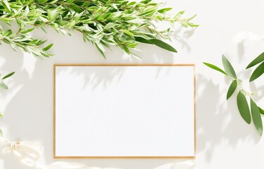 Summer wedding stationery mock-up scene. Blank greeting card, olive tree leaves and branches in sunlight. White table background with palm shadows, generative ai - obrazy, fototapety, plakaty