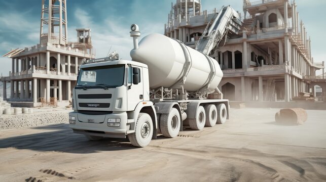 A White Cement Truck Driving On A Construction Site With Workers In The Background. Generative AI