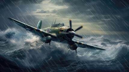 Military Plane In A Storm Ocean. Generative AI - obrazy, fototapety, plakaty