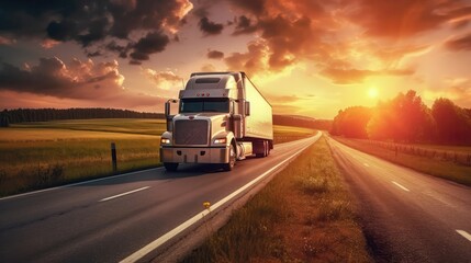 Fototapeta na wymiar A White Moving Truck Driving On A Highway With A Beautiful Sunset In The Background. Generative AI