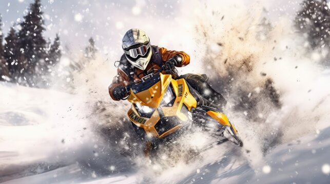 Snowmobile Crashes In A Storm. Generative AI