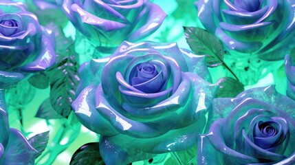 Fototapeta na wymiar Green And Purple Rose Flowers Glitter Super Detail. Generative AI